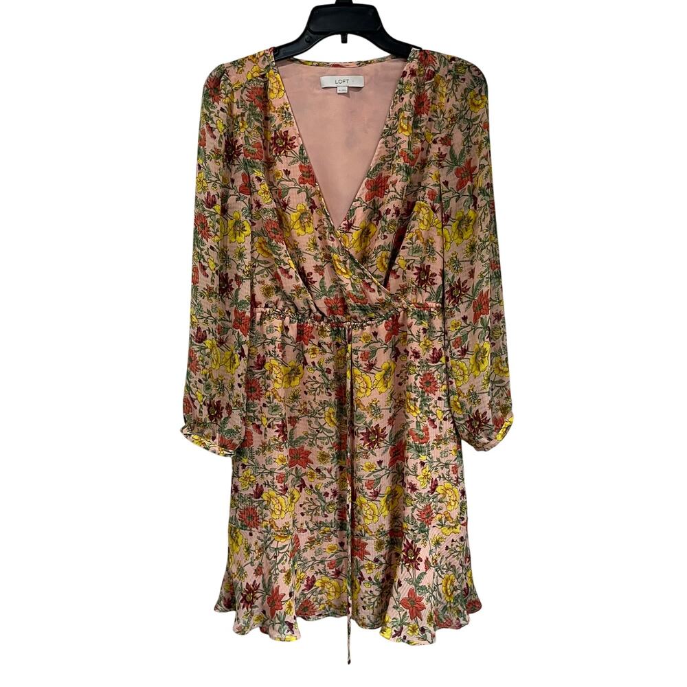 Loft Long Sleeve Floral Wrap Mini Dress Pink Fall Wedding Guest‎ XS